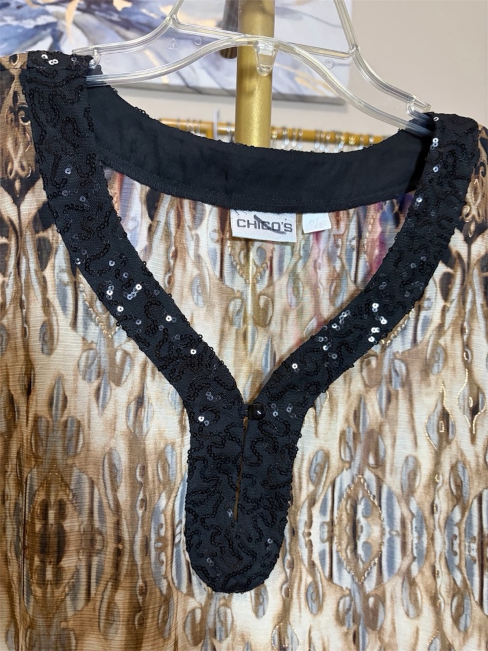Chico's Brown, Black and Cream Patterned V-Neck Tunic - Picture 3 of 4